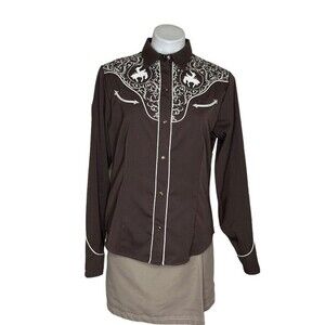 ROPER Brown Bucking Bronc Embroidered Western Snap Shirt Vintage Size Large